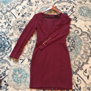 Long Sleeve Burgundy Dress with Gild Zipper Detail